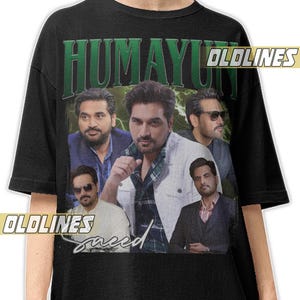 May include: Black t-shirt with a collage of Humayun Saeed and the green text "HUMAYUN". The word "OLDLINES" is printed in yellow on the upper right and left side of the shirt. The name "Saeed" is printed in a cursive font.