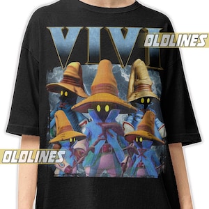 May include: Black t-shirt featuring a graphic of characters from the video game Final Fantasy IX. The design includes the word "VIVI" in blue, with the characters wearing hats and blue robes. The text "OLDLINES" is also visible.
