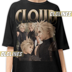 Op de afbeelding: Zwart T-shirt met een afbeelding van een personage met stekelig blond haar uit het spel Final Fantasy VII. Het woord "CLOUD" is in goud gedrukt, met "OLDLINES" in wit op het shirt.