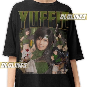 May include: Black t-shirt featuring a graphic of a character from a video game. The graphic includes the name "YUFFIE" in green letters and multiple images of the character in various poses. The text "OLDLINES" is printed on the shirt.
