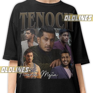 May include: Black t-shirt featuring a collage of images of Tenoch Huerta Mejia. The word "TENOCH" is printed across the top in a vintage style font. The text "OLDLINES" is printed in a yellow font on the top right and left side of the shirt.