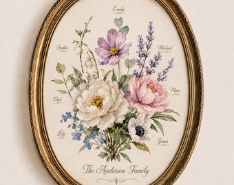 May include: An oval gold-toned frame containing a floral print with watercolor-style flowers including purple cosmos, lavender, white peonies, and blue forget-me-nots. The print features the text The Anderson Family and names Emily, Sophia, Michael, Mom, Dad, Lily, and James.