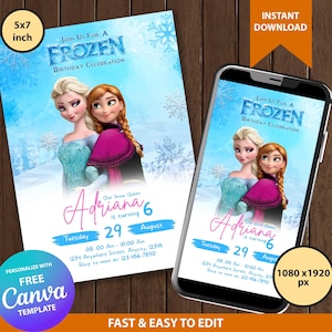 Frozen Birthday Invitation: Elsa & Anna Kids Party, Editable Canva Template (Digital Download)