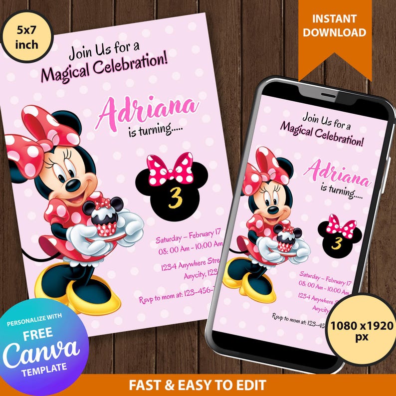 Minnie Mouse Birthday Invitation: Pink Mouse Evite, Editable Canva ...