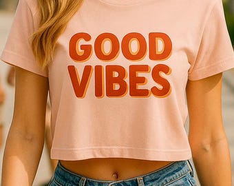 Retro "Good Vibes" Women’s Crop Top – 100% Cotton, Soft & Durable, Summer Beach Style