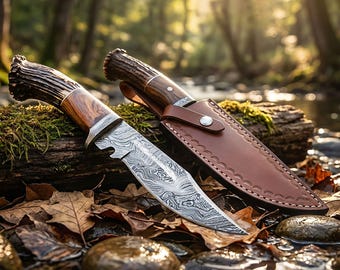 Custom Damascus Hunting Knife: Handmade Stag Horn Handle