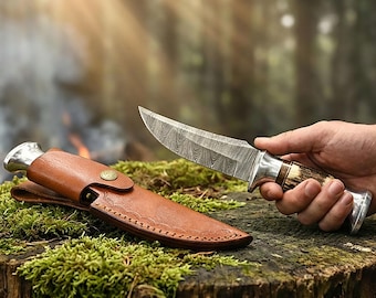 Personalized Damascus Steel Hunting Knife with Deer Antler Handle & Leather Sheath