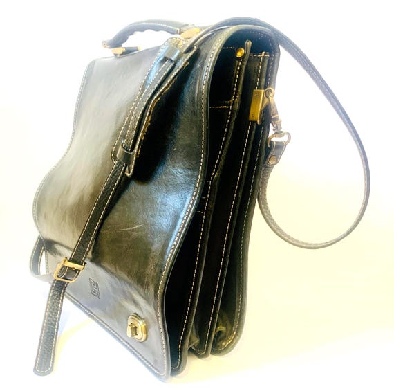 Vintage Gerard Henon Leather Messenger Bag | Black Satchel with Contrast Stitching | Designer Briefcase
