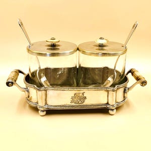 Antique Twin Jam Jelly Server Condiment Set Silver Plated Brass Carved Bone Handles Monogrammed Spoons c1900 Heavy 850g