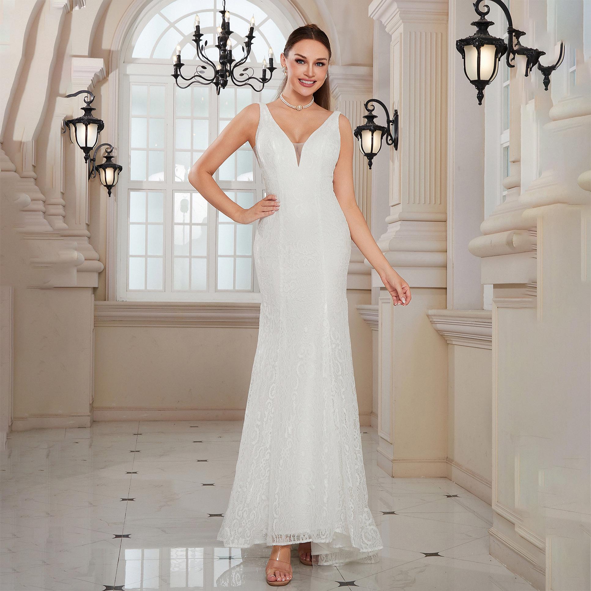 v neck lace mermaid wedding dress V Neck Vintage Lace Mermaid Wedding Gown Boho Wedding Dress with Shaped Train AWD1890