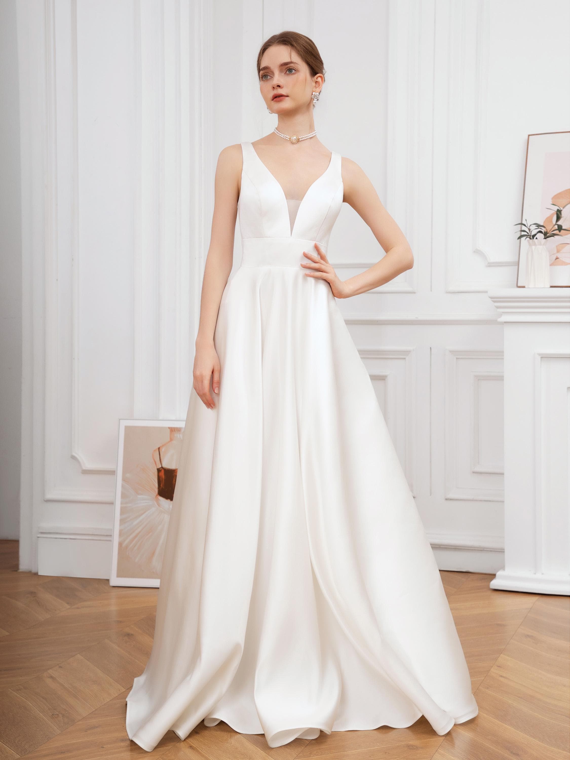 plus size a line dresses cocktail and party Elegant A-Line Deep V Neck Long Sleeves Wedding Dresses VK23082501 –  Vickidress main image 1