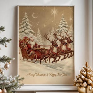 Póster de Feliz Navidad y Próspero Año Nuevo – Decoración de pared vintage con trineo de Papá Noel, lámina artística navideña acogedora, escena invernal clásica