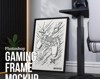 Gaming Room Frame Mockup PSD | DIN Ratio Editable Templates | Gamer Bedroom, Office & Den Wall Art Display | Photoshop Customizable Mockup