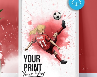 Football Wall Art Print, Personalised Prints Boy and Girl Bedroom Decor, Kid Bedroom Decor, Personalised Colour, Name and Number