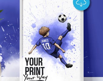 Football Wall Art Print, Personalised Prints Boy and Girl Bedroom Decor, Kid Bedroom Decor, Personalised Colour, Name and Number