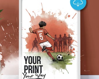 Football Wall Art Print, Personalised Prints Boy and Girl Bedroom Decor, Kid Bedroom Decor, Personalised Colour, Name and Number, Download