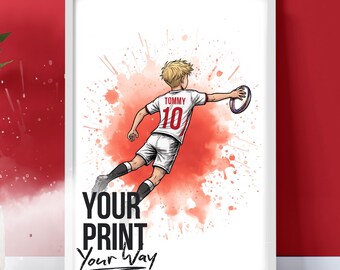Rugby Wall Art Print, Personalised Prints Boy and Girl Bedroom Decor, Kid Bedroom Decor, Personalised Colour, Name and Number