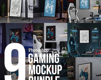Gaming Room Frame Mockup PSD| Bundle | DIN Ratio Editable Templates | Gamer Bedroom, Office & Den Wall Art Display | Photoshop Bundle