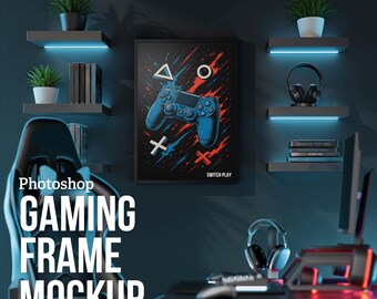Gaming Room Frame Mockup PSD | DIN Ratio Editable Templates | Gamer Bedroom, Office & Den Wall Art Display | Photoshop Customizable Mockup