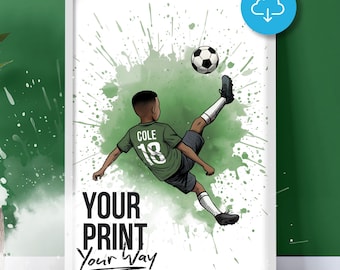 Football Wall Art Print, Personalised Prints Boy and Girl Bedroom Decor, Kid Bedroom Decor, Personalised Colour, Name and Number