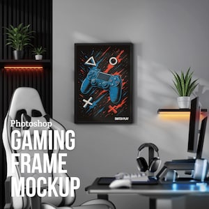 May include: A framed poster featuring a blue and red graphic of a video game controller against a black backdrop. The words "SWITCH PLAY" are at the bottom. The image is part of a gaming room mockup.