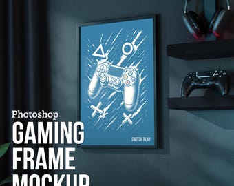 Gaming Room Frame Mockup PSD | DIN Ratio Editable Templates | Gamer Bedroom, Office & Den Wall Art Display | Photoshop Customizable Mockup