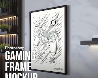 Gaming Room Frame Mockup PSD | DIN Ratio Editable Templates | Gamer Bedroom, Office & Den Wall Art Display | Photoshop Customizable Mockup