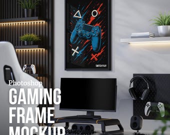 Gaming Room Frame Mockup PSD | DIN Ratio Editable Templates | Gamer Bedroom, Office & Den Wall Art Display | Photoshop Customizable Mockup