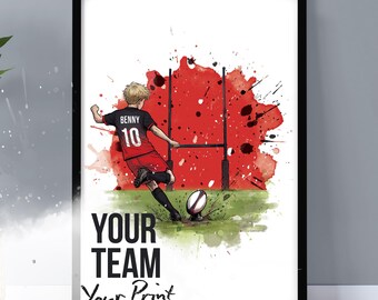 Personalised Rugby Print | Kids Rugby Gift | Name & Number | Custom Kit Colours | Rugby Player Poster | A4 A3 | Boys Girls