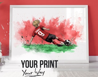 Football Wall Art Print, Personalised Prints Boy and Girl Bedroom Decor, Kid Bedroom Decor, Personalised Colour, Name and Number, Landscape