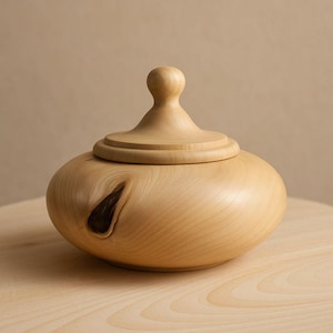 Peut inclure: Un pot en bois de couleur claire avec un couvercle. Le pot a un corps arrondi et un couvercle avec un bouton sur le dessus. Le grain du bois est visible, et il y a un nœud sombre sur le côté. Le pot est posé sur une surface en bois.