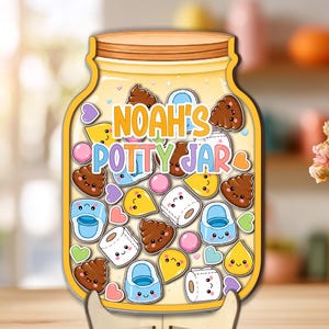 May include: A flat, jar-shaped wooden sign on a stand featuring the text "NOAH'S POTTY JAR" in colorful letters. The design includes cartoon illustrations of brown poop emojis, blue potties, white toilet paper rolls, and yellow water droplets.