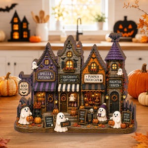 May include: A miniature Halloween village display featuring four interconnected shops: Spells & Potions, The Ghostly Gift Shop, Pumpkin Patch Cafe, and Haunted Haven. The structure is illuminated and decorated with multiple ghost figurines and pumpkins.