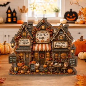 May include: A decorative miniature building featuring a pumpkin patch, autumn blessings, and a pumpkin spice cafe. The structure is adorned with fall foliage, small pumpkins, and illuminated windows. Signs display text including crisp leaves and hayrides.