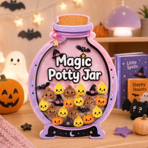 May include: A pink and purple jar-shaped display with a cork stopper, featuring the text Magic Potty Jar. The interior contains small, colorful, cartoon-style icons of smiling poop shapes, yellow water droplets, orange pumpkins, and black witch hats.