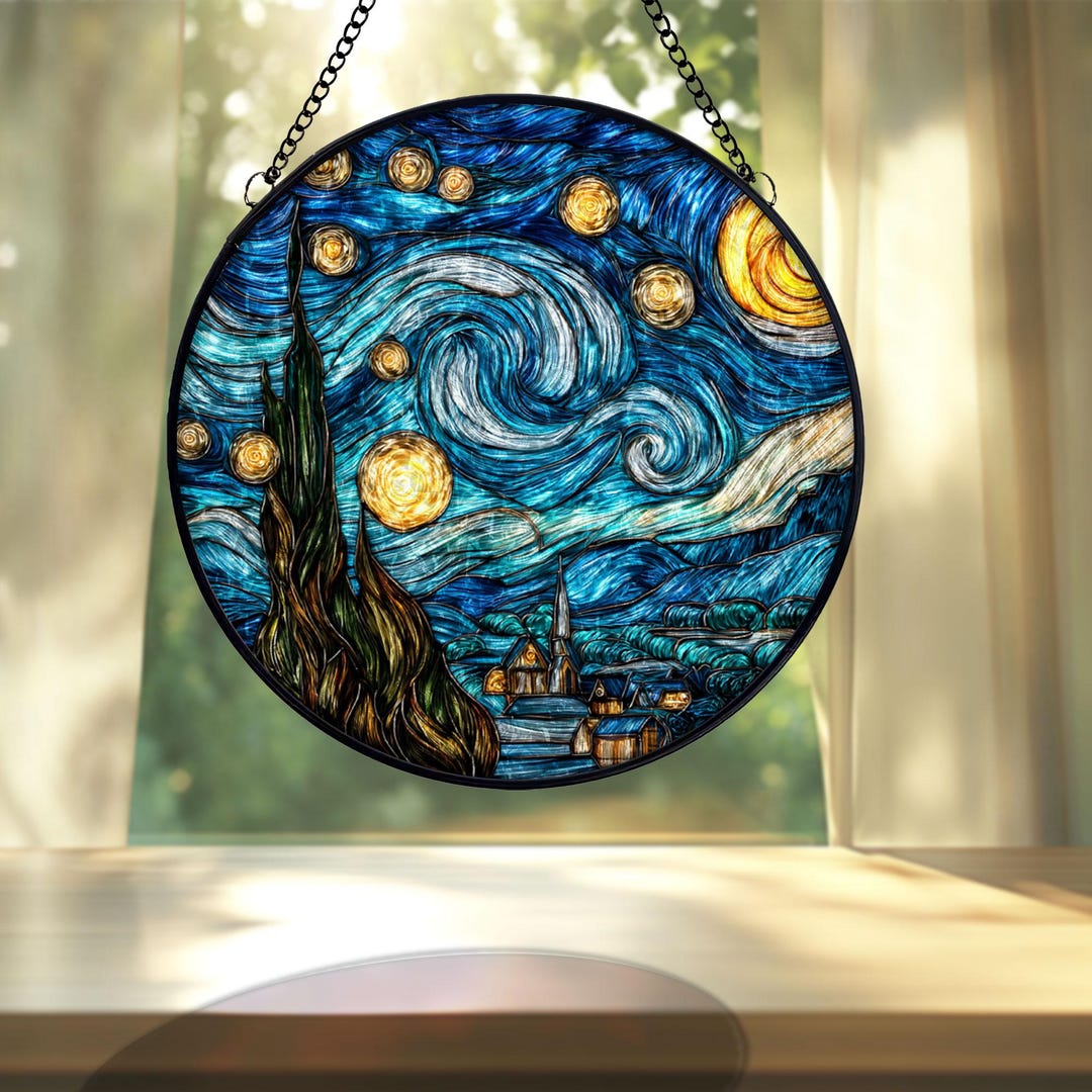 Starry Night Stained Glass Suncatcher, Van Gogh Inspired Window Hanging ...