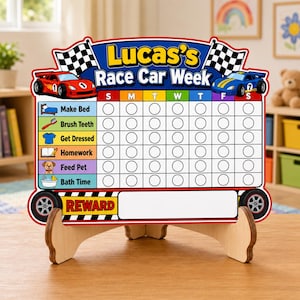May include: A rectangular chore chart titled Lucas's Race Car Week with a red and blue race car theme, featuring a grid for seven days, six task icons including a bed, toothbrush, shirt, book, dog, and bathtub, and a reward section on a wooden stand.