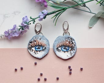 Hand-Painted Denim Eye Earrings: Upcycled Boho Festival Jewelry, Statement Earrings