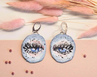 Hand-Painted Denim Eye Earrings: Upcycled Boho Festival Jewelry, Statement Earrings