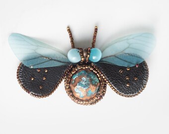 Upcycled Leather Beetle Brooch – Handmade Bug Pin, Beaded Insect Brooch, Unique Wearable Art