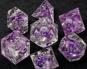 Purple Smoke Resin Dice Set, Full Polyhedral Dice, Sharp Edge DND Dice, Violet Cloud Swirl Dice, D&D Gift for Sorcerer, RPG Gaming Dice
