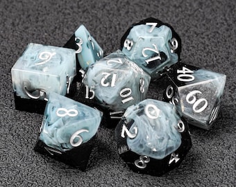 smoke dice,handmade resin sharp edge dice set for DnD,D&D,Dungeons and Dragons,RPG dice,dark dice,black and white dice