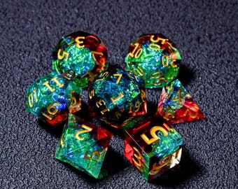 Green Red Lightning DND D20 Dice,Resin Sharp Edge Dice Set,DND Dice Set for Dungeons and Dragons,High Quality Dice,Blue Polyhedral Dice Set