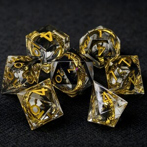 Golden Rune Ring Inclusion DND Dice Set, Sharp Edge Handmade Resin Dice, Black Smoke Swirl Inside, Clear Polyhedral Dice