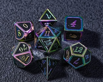 Metalen dobbelstenen voor creatieve rollenspellen, veelzijdige dobbelstenen voor Dungeons & Dragons, regenboogdraakdobbelstenen, metalen dobbelstenen voor D&D.