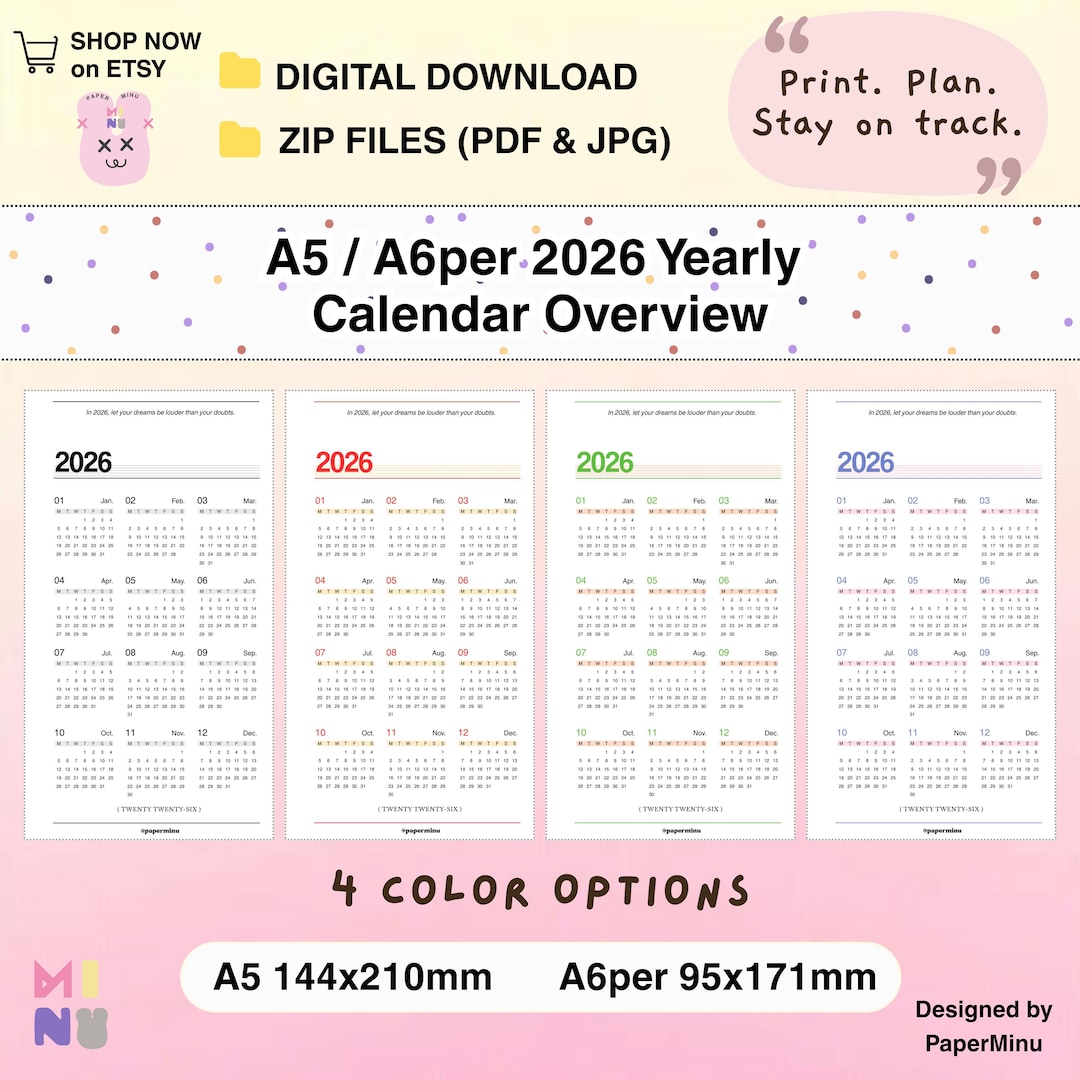 2026 Printable Calendar | A5 & A6 Planner Divider | Minimalist Yearly ...