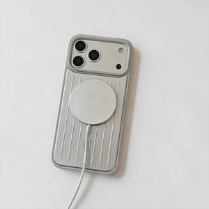 May include: A light grey smartphone case with a vertical ribbed texture on the back, featuring a circular magnetic charging disc attached to the centre. The case has a raised camera cutout area and a small logo near the bottom of the ribbed section.
