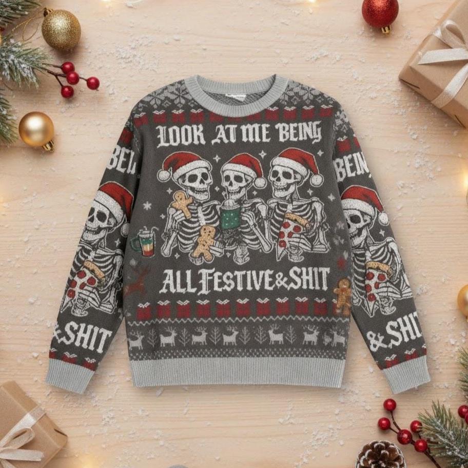 Funny Skeleton Christmas Sweatshirt For Women - Skull Graphic Crewneck Pullover, Cute Holiday Gift Idea