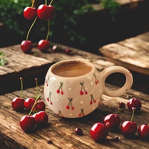 Kirschmuster Keramik Tee Kaffeetasse, handbemalte türkische Tasse, Keramik Trinkgefäß, einzigartiges Geschenk für Teeliebhaber