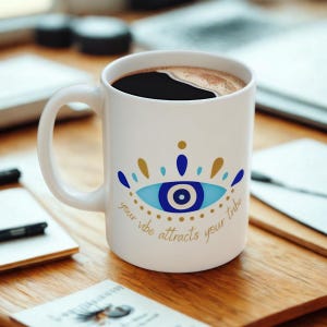 Evil Eye Ceramic Mug 11oz, “Your Vibe Attracts Your Tribe” Coffee Cup | Positive Energy, Protection & Gift for Friends, Nazar Mug